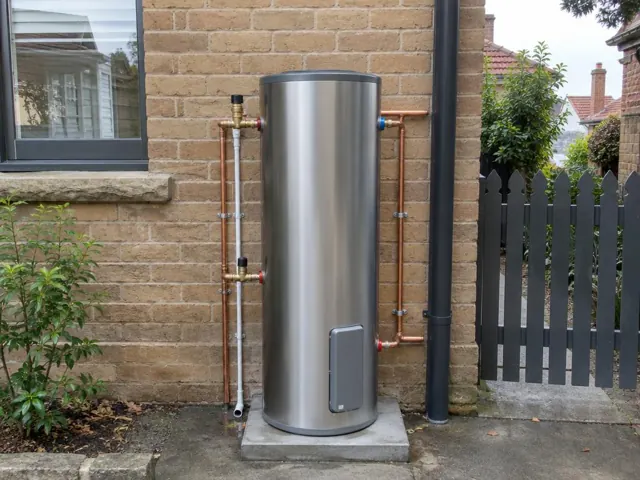 Stainless steel hot water cylinder beside brick wall and pipes in a small courtyard in Double Bay